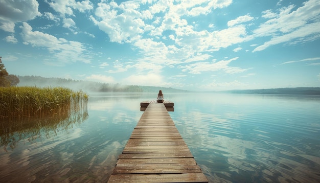 Photo tranquil serenity embraced on a solitary dock amidst the peaceful lakes embrace