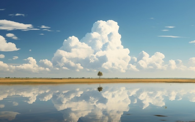 Tranquil Sky with Cloud Centroid over Calm Lake Generative AI