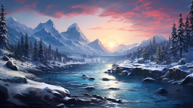 Tranquil snowy landscape with a frozen river background Created with Generative AI technology