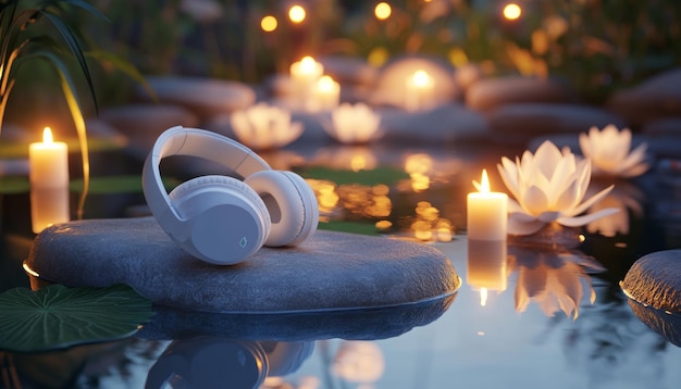 Photo tranquil soundscape headphones with lotus flowers and candlelight