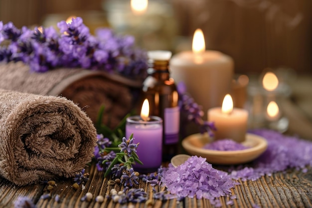 Tranquil Spa Ambiance with Candles Flowers and Towels