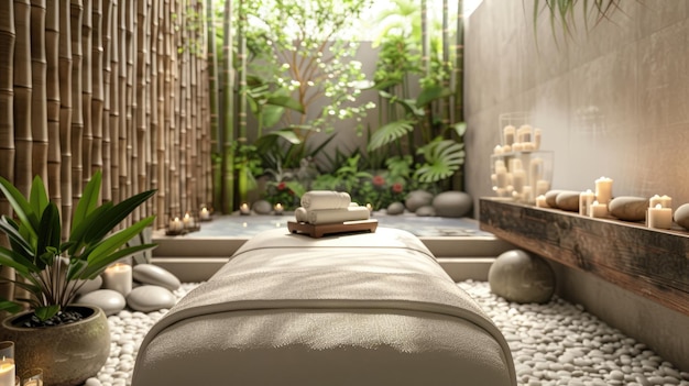 Tranquil spa ambiance with massage table White Towels Bamboo and stones