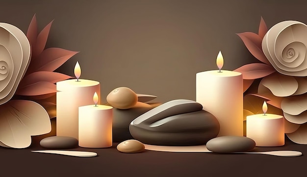 A tranquil spa background featuring polished stones foliage elements and flickering candles that create a peaceful and relaxing atmosphere Generated ai