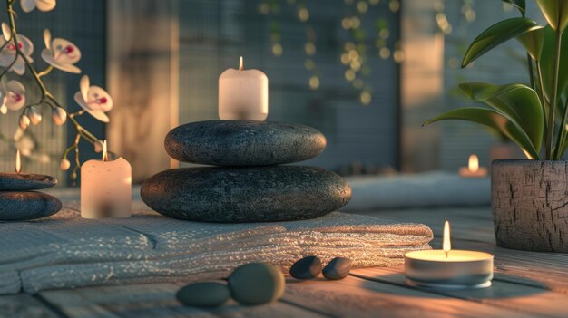 A tranquil spa environment with a beautifully arranged set of hot stones and soothing candles