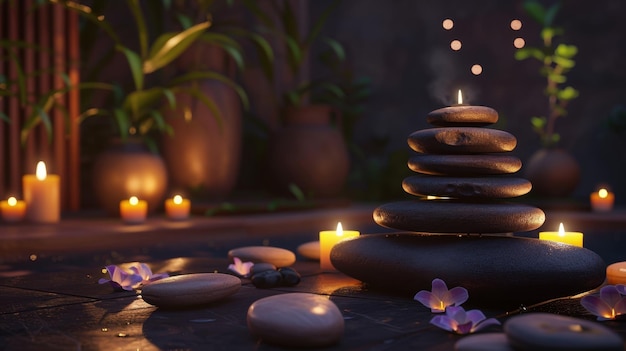 A tranquil spa environment with a beautifully arranged set of hot stones and soothing candles