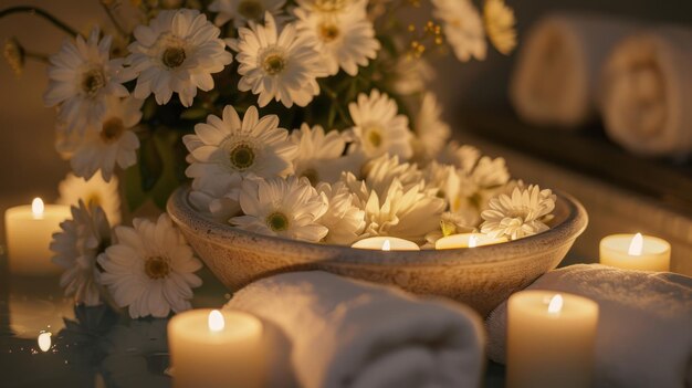 Photo a tranquil spa setting featuring a beautifully arranged bowl of fresh flowers and lit candles