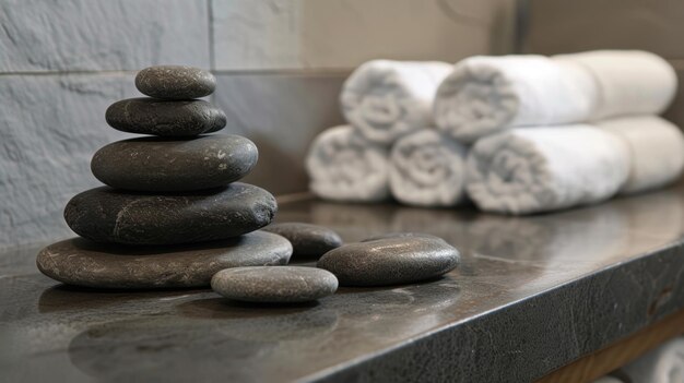 A tranquil spa setting featuring a beautifully arranged set of hot stones and rolled towels