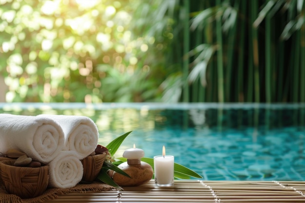 Tranquil Spa setting near pool on bamboo with oil bottle Generate Ai