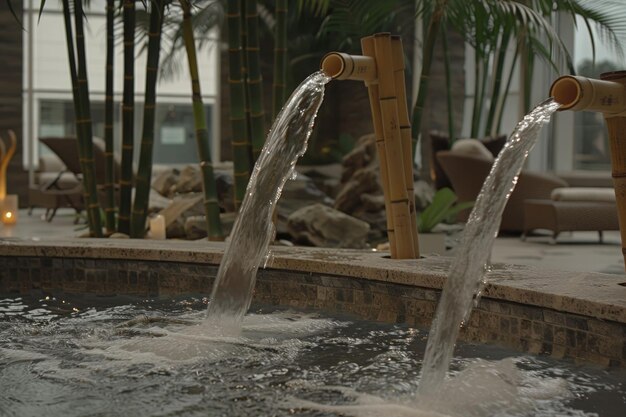 Tranquil spa setting with bamboo fountain and zen stone