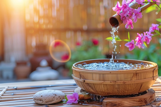 Tranquil spa setting with bamboo fountain and zen stone