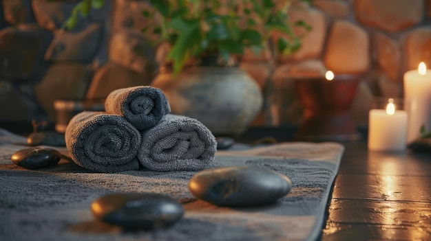 A tranquil spa setting with a beautifully arranged set of hot stones and rolled towels