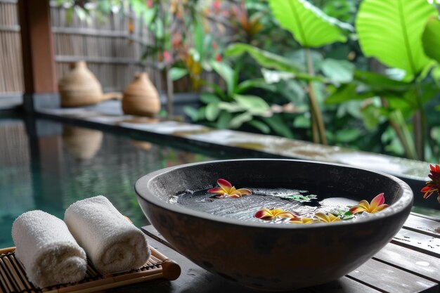 Tranquil spa setting with floral bath and towels