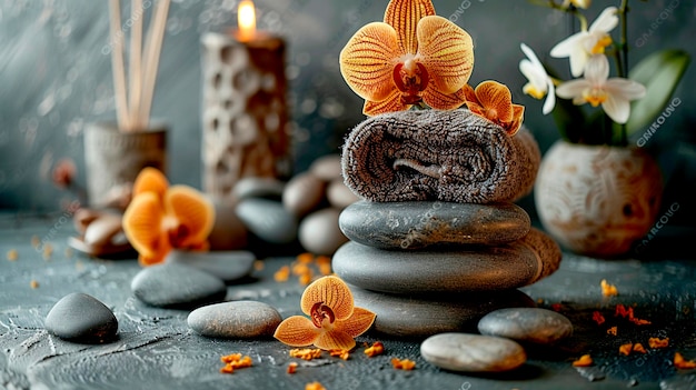 Tranquil spa setting with stones orchids and candles creating calm ambience