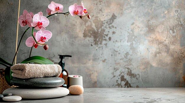 Photo tranquil spa setting with stones towels and orchids at a modern retreat