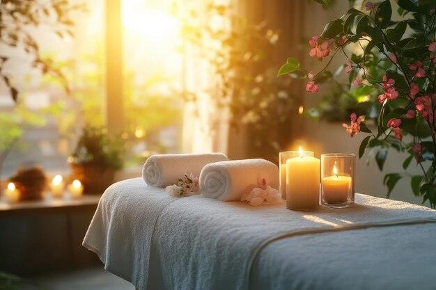 A tranquil spa treatment room with neatly prepared massage table and softly glowing candles