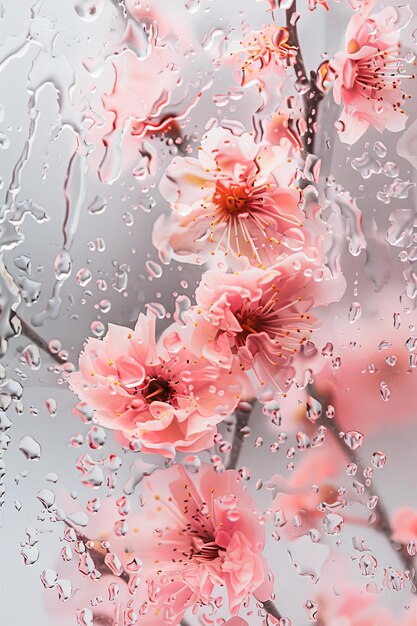 Tranquil Spring Blossoms on a Drizzly Day Viewed Through a WaterDropletCovered Window