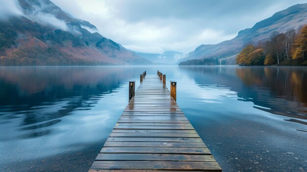 Photo tranquil spring time at a secluded lake with a wooden dock in the serenity of nature