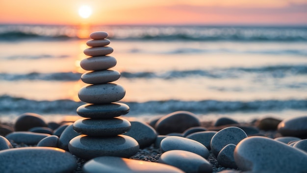 Photo a tranquil stack of stones at sunset on a serene beach