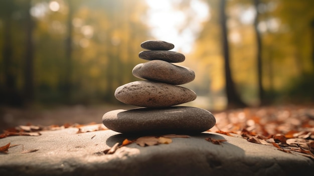 Tranquil Stack of Stones with Calming Nature Background Generative AI