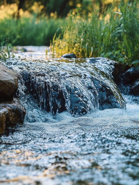 Photo tranquil stream flowing over rocks in lush green landscape