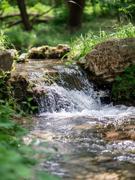 Tranquil Stream Flowing Through Lush Green Forest