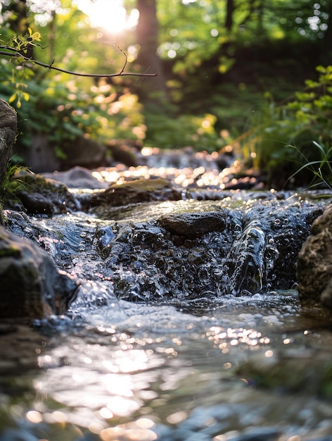 Tranquil Stream Flowing Through Lush Greenery at Sunset