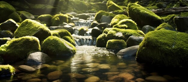 Photo tranquil stream flowing through mossy rocks