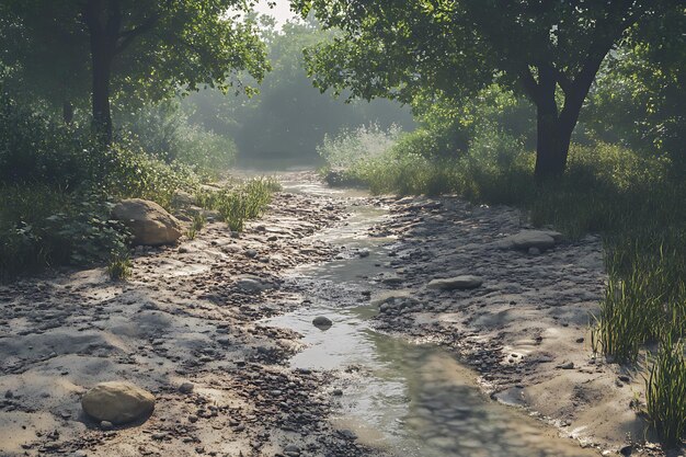 A tranquil stream flows through a lush green landscape surrounded by trees and foliage