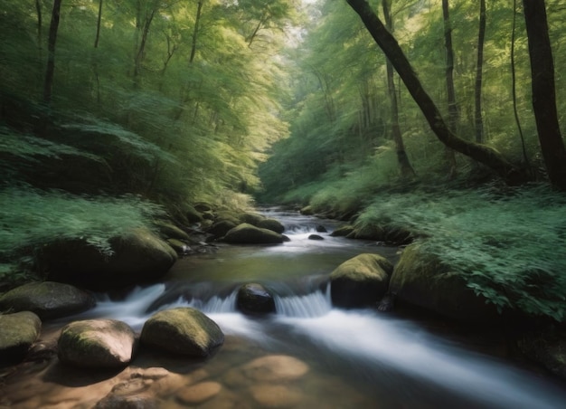 Photo a tranquil stream gently flowing through a lush green forest creating a peaceful atmosphere