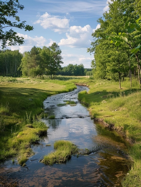 Tranquil Stream in Lush Green Forest Landscape