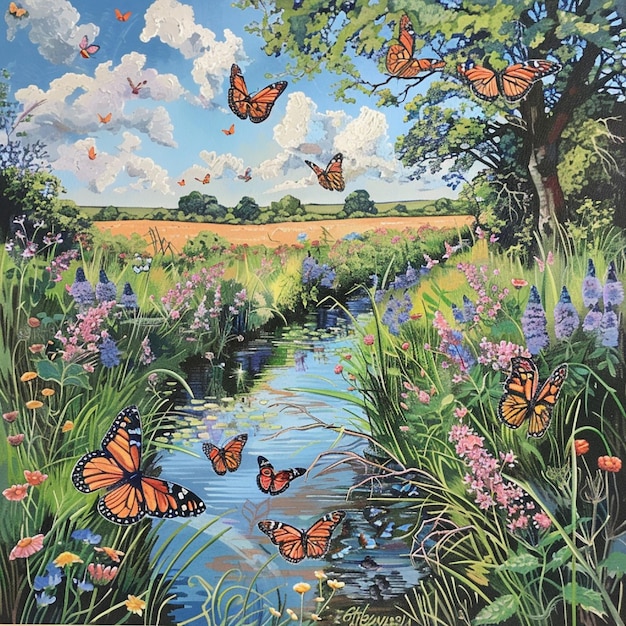 A tranquil summer meadow with butterflies rippling about