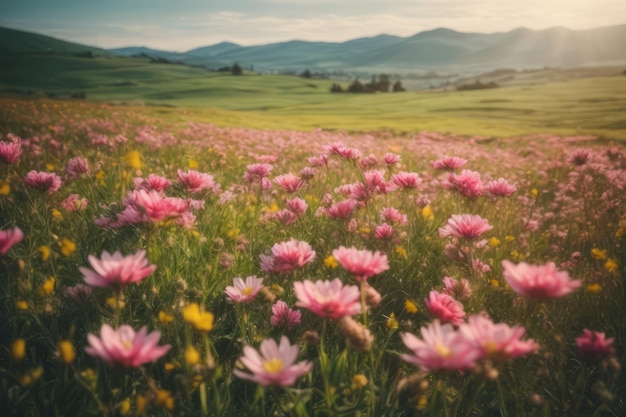 Tranquil Summer Meadow with Mountain Landscape and Colorful Flowers