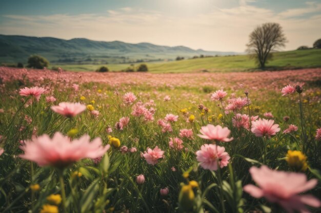 Tranquil Summer Meadow with Mountain Landscape and Colorful Flowers