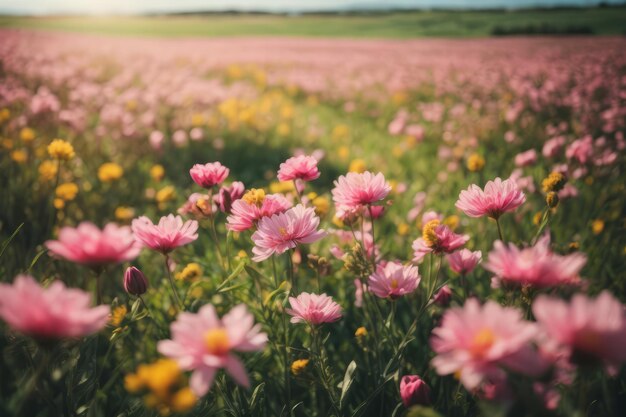 Tranquil Summer Meadow with Mountain Landscape and Colorful Flowers