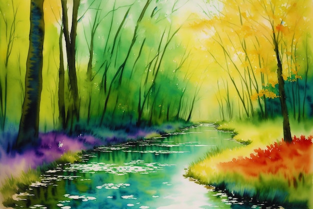 Tranquil Summer Scenery A Watercolor Painting of Park Lake field and River Generative AI