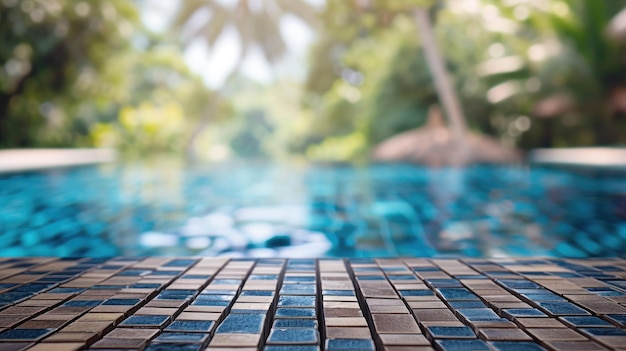 Tranquil summer vibes An empty mosaic table with a blurred tropical pool backdrop