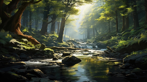 Tranquil sunlit forest with a peaceful flowing river background Created with Generative AI technology