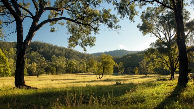 Tranquil Sunlit Meadow with Lush Green Trees and Rolling Hills