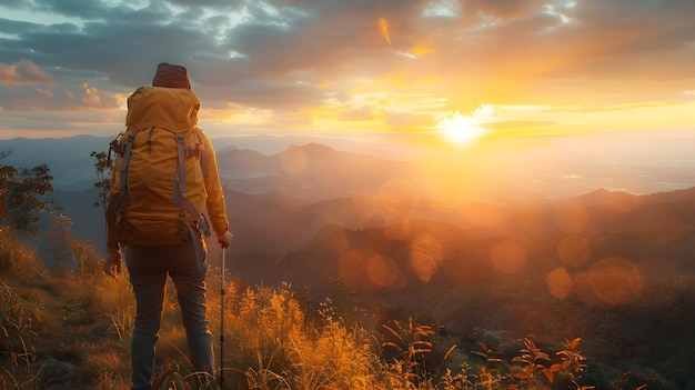 Tranquil Sunrise Backpacker in the Wilderness High Resolution Image Capturing the Beauty and Sere