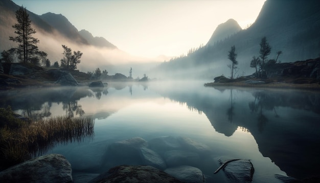 Tranquil sunrise on foggy mountain range peak generated by AI