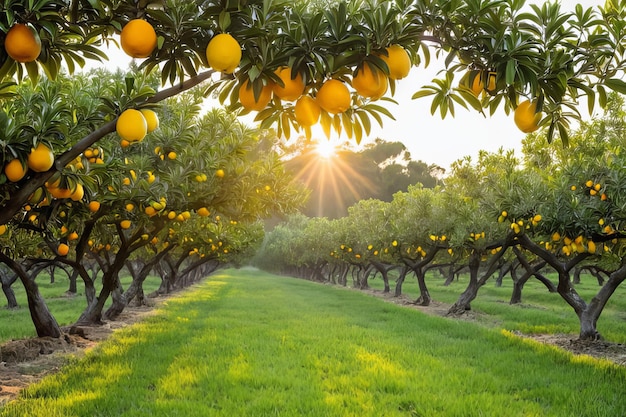 Tranquil sunrise illuminating citrus grove with fruitladen trees