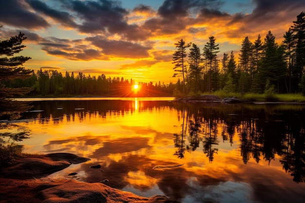 Tranquil sunrise over a mountain range at a peaceful lake jetty