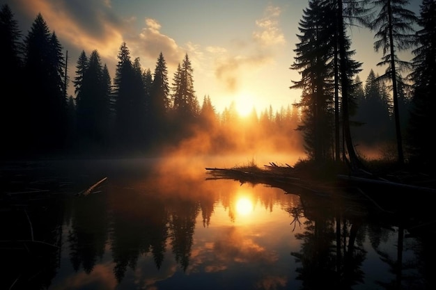 Tranquil sunrise over a mountain range at a peaceful lake jetty