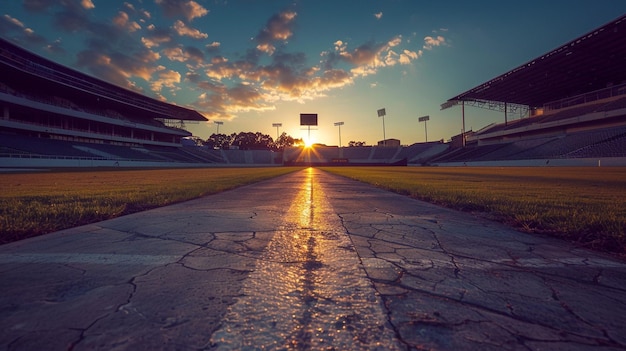 Tranquil Sunrise Scene at Stadium with Grass Background