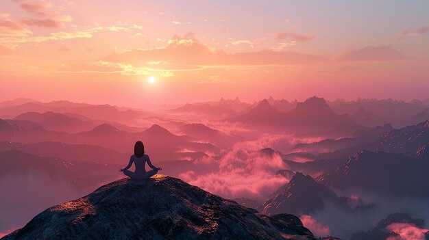 A Tranquil Sunrise Silhouette of a Woman in Light Yoga Attire