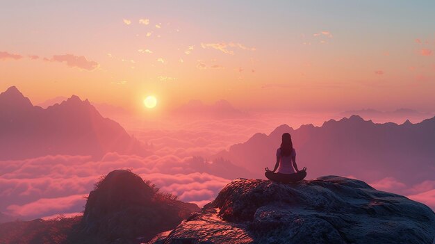 A Tranquil Sunrise Silhouette of a Woman in Light Yoga Attire