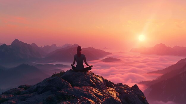 A Tranquil Sunrise Silhouette of a Woman in Light Yoga Attire