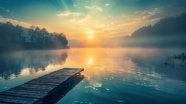 Photo tranquil sunrise over a still lake casting a golden glow on the water and trees