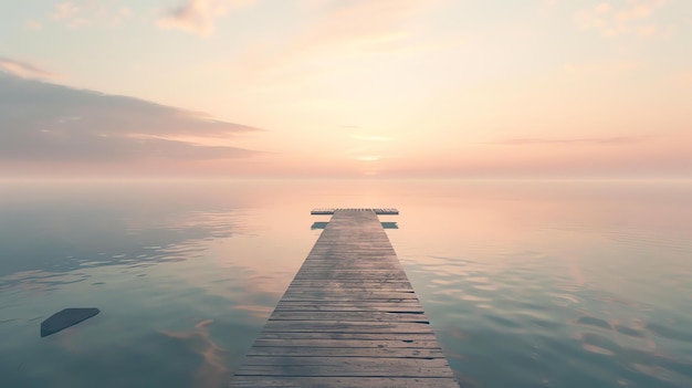 Tranquil sunrise over a still lake with a wooden dock jutting out into the water inviting viewers to take a closer look at the beauty of nature