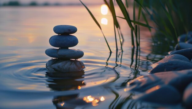 Photo tranquil sunset over a calm lake with stacked stones reflecting natures beauty